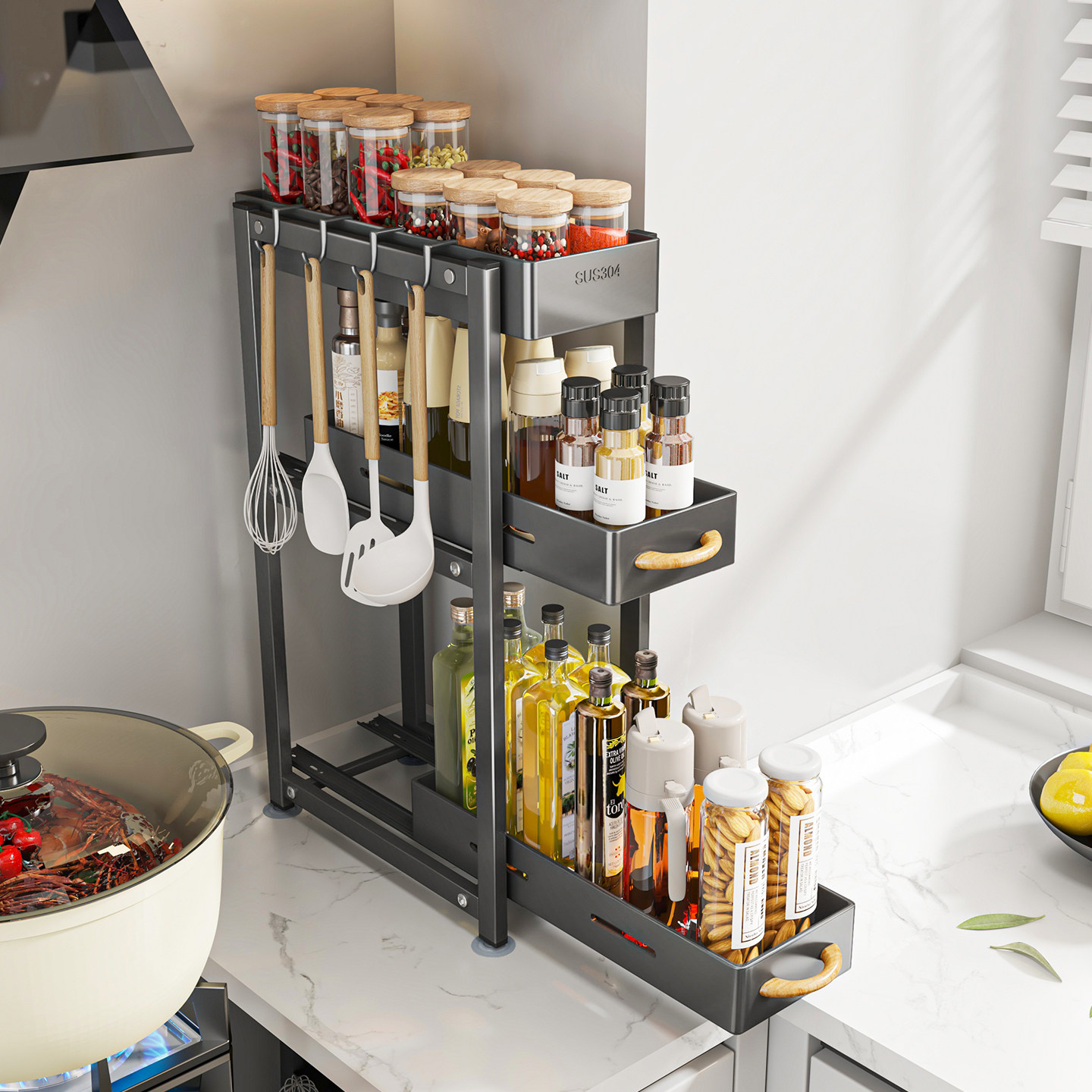 厨伴304不锈钢厨房窄边调味料置物架抽拉式调料架台面拐角收纳架,厨房/烹饪用具,调料置物架,淘宝优惠券,粉丝福利购,淘宝优惠卷