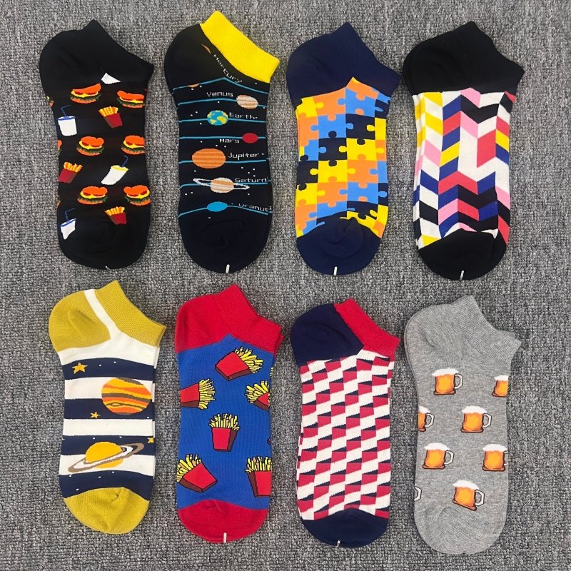 袜子男短袜菱形格条纹卡通创意船袜个性拼色文艺低帮纯棉大码潮袜