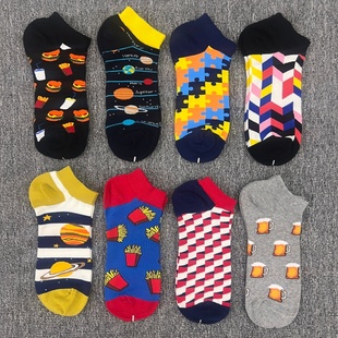 happy袜子男士短袜菱形格条纹卡通船袜个性文艺低帮纯棉大码潮袜