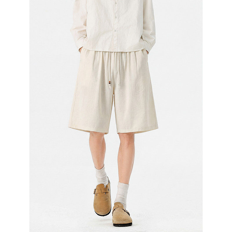 日系文艺抽绳短裤男夏季松紧腰慵懒老钱风宽松透气沙滩休闲五分裤