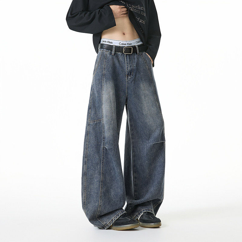 DZ男装-水洗做旧牛仔裤男女同款慵懒风长裤复古宽松直筒休闲裤子