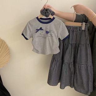 女童套装夏季2025新款时尚短袖卡通T恤两件套新款洋气格子半身裙