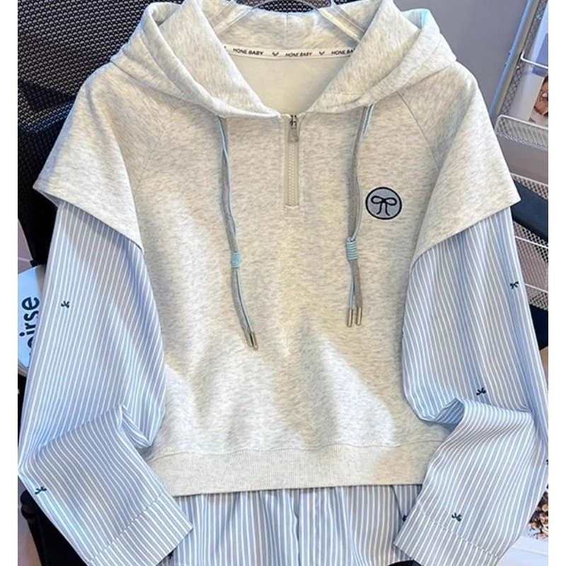 女童2025条纹拼接叠穿假两件学院风宽松春秋连帽半拉链长袖卫衣