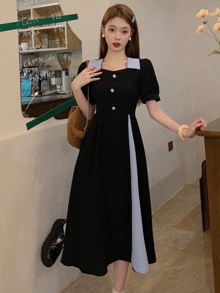 绫致戎美女装官方旗舰店大码法式撞色拼接方领连衣裙女夏季胖mm收