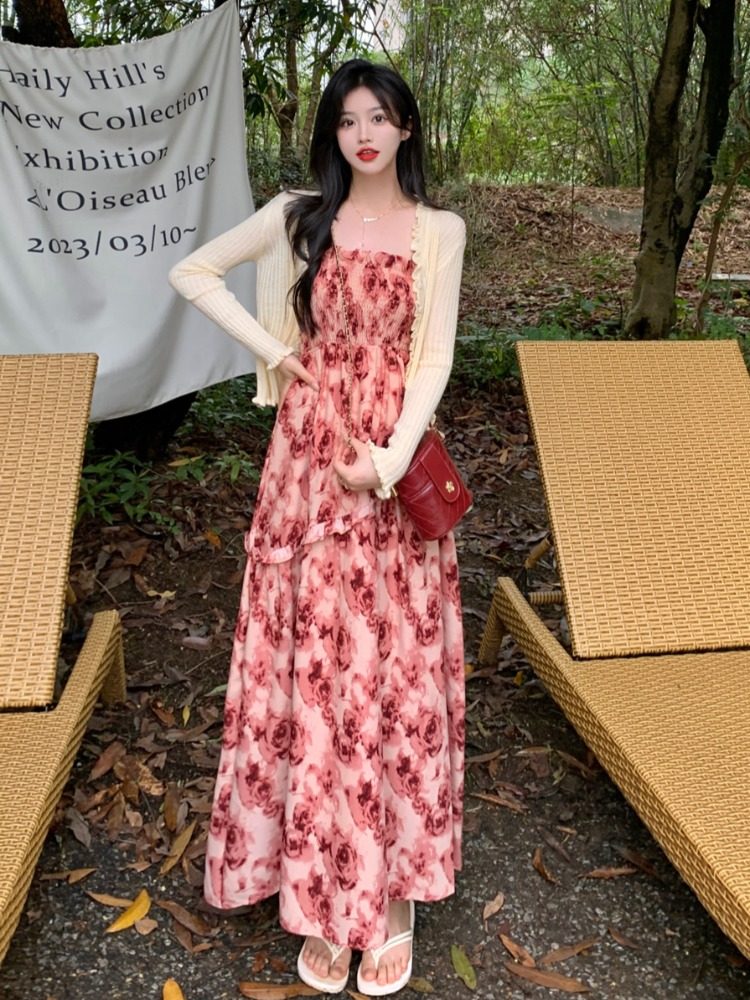 플러스 사이즈 티 브레이크 비만 소녀를 위한 프렌치 젠틀 스타일 첫사랑 서스펜더 드레스 허리 슬리밍 및 슬리밍 꽃무늬 A라인 스커트 슈트