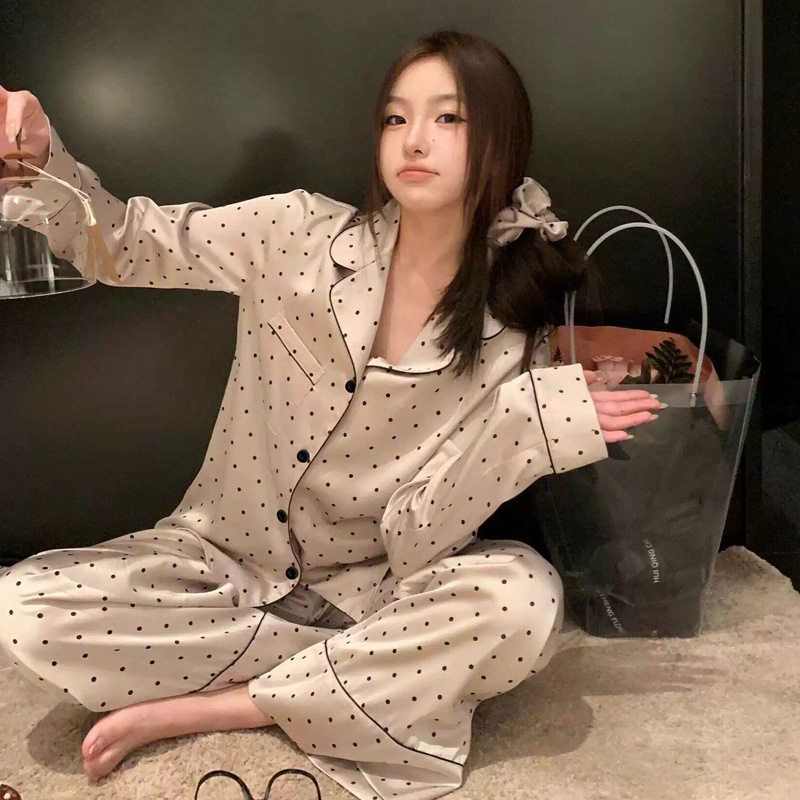 春秋新款御姐风高级波点冰丝缎面睡衣女长袖翻领家居服两件套批发