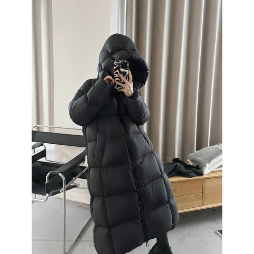 90绒子白鹅绒 340g-352g 加长连帽设计师羽绒服