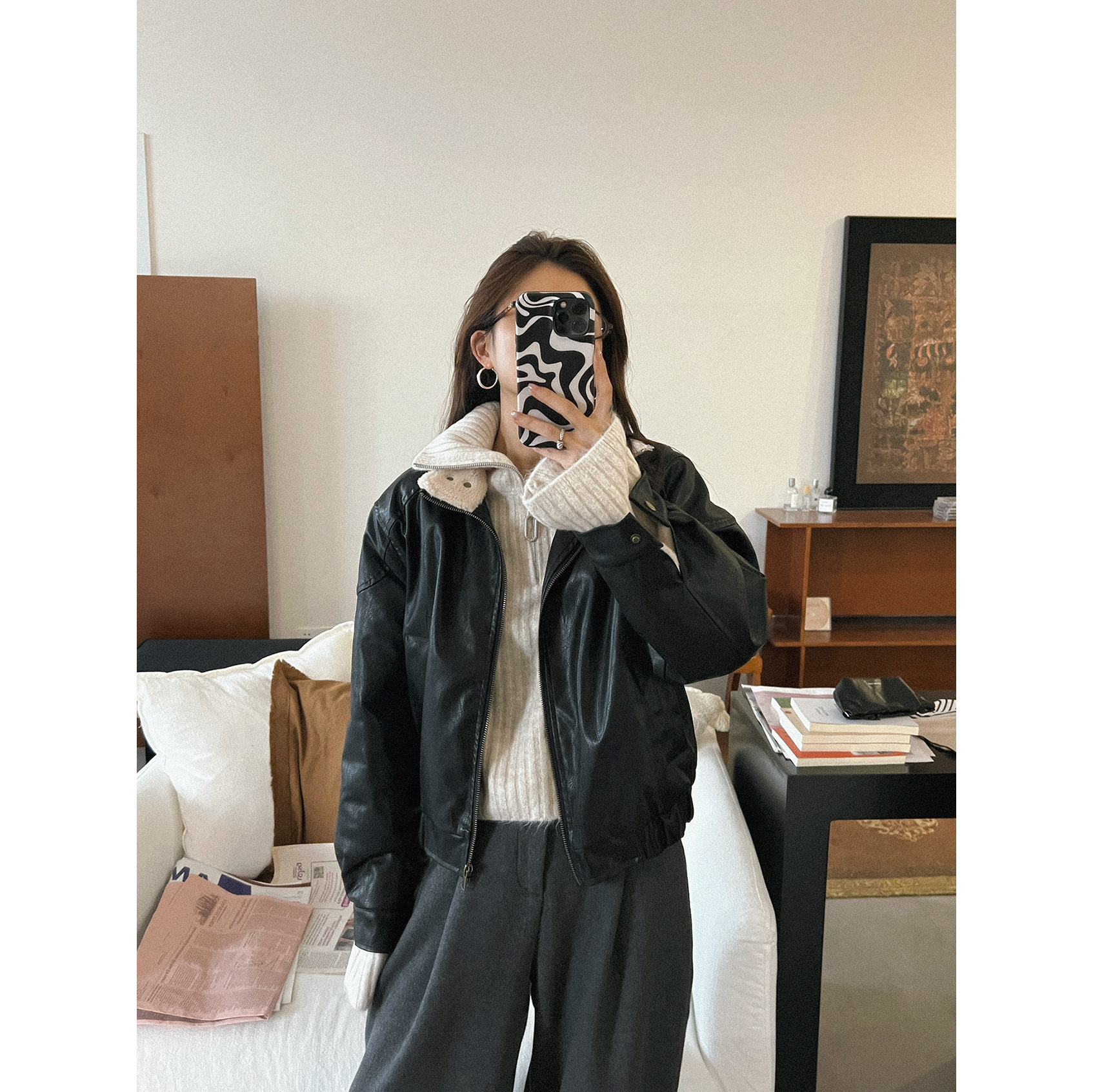 复古加绒 秋冬女式长袖立体剪裁不规则肌理纯色女士皮衣外套