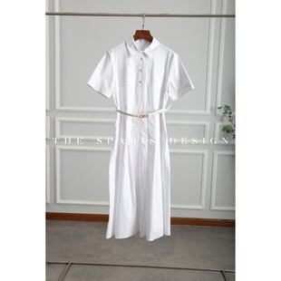 真心漂亮半开领短袖百褶裙干净挺括棉白色衬衫连衣裙配送皮腰带