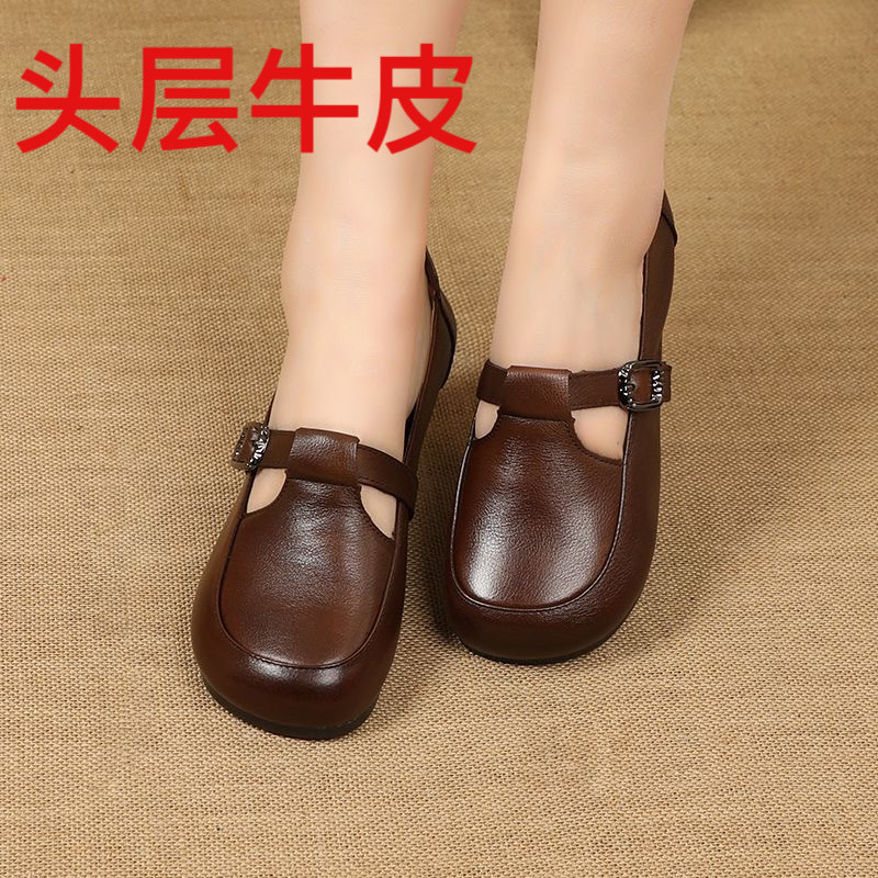 全牛皮休闲女鞋春秋季超软牛筋底新款复古手工单鞋舒适防滑妈妈鞋