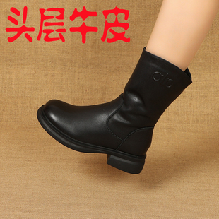 中筒靴全牛皮加绒加厚羊毛保暖雪地靴女冬季 骑士靴真皮马丁靴 爆款
