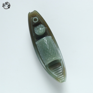 玉德堂天然新疆和田玉青玉籽料苏工玉船形香插小摆件茶宠手玩件