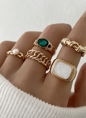 Vintage oil - dripping alloy chain - like gemstone ring 5set