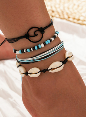 Hand-woven natural seashells beaded ocean anklet 4-piece set