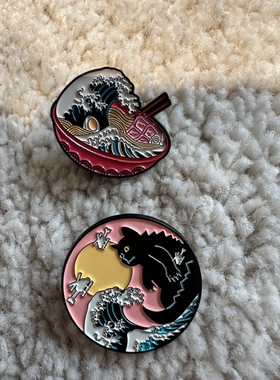 日式和风 复古插画海浪富士山 御猫 胸针 别针 pin