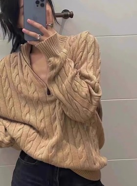 新绞花拉夫100山羊绒衫女慵懒rl老钱风半开拉链麻花针织毛衣