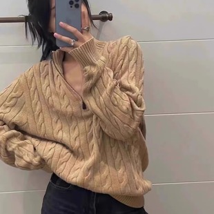新绞花拉夫100山羊绒衫女慵懒rl老钱风半开拉链麻花针织毛衣
