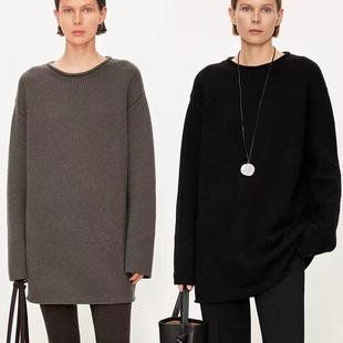 极简松弛长长配叠穿风中长款 一字领卷边领羊绒羊毛毛衣 棒针感