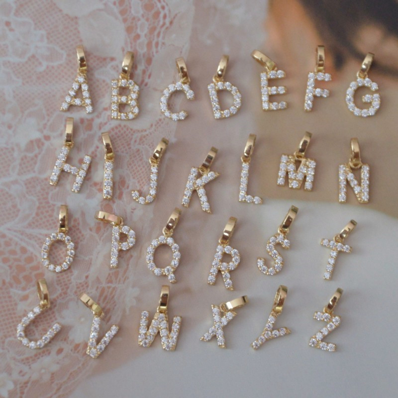 韩国纯14K黄金迷你锆石微镶26个英文字母DIY项链手脚链红绳小挂坠