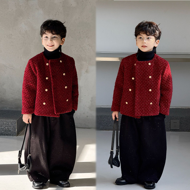 儿童冬季新款年服喜庆小香风毛呢外套男童休闲韩版西服套装潮酷帅