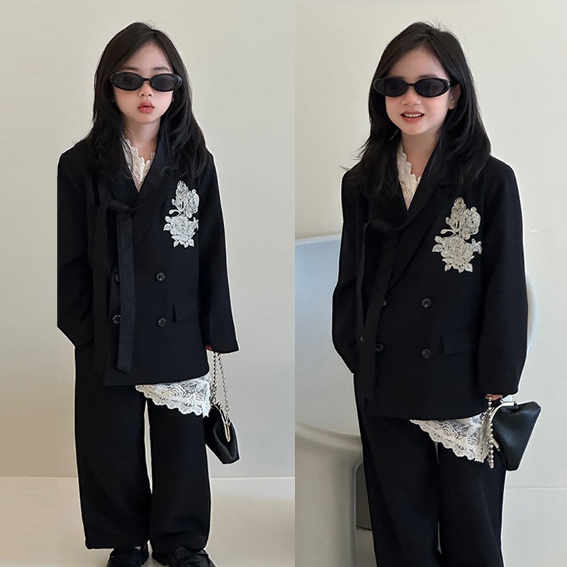 女童黑色小西装套装春季新款洋气西服休闲外套设计感模特走秀潮服