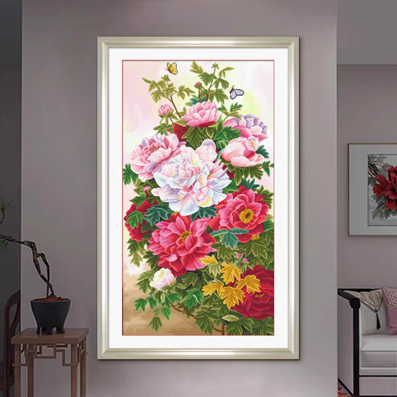 ks十字绣展艳芳华牡丹玄关挂画自己绣手工棉线清新印花2024年新款