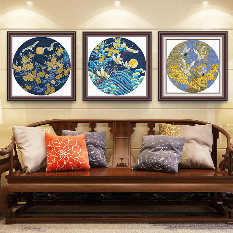 KS十字绣客厅卧室新款三联画现代中式中国风手工线绣挂画瑞鹤飞翔