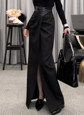 D2530黑色褶皱拼皮半身裙女秋冬新款高腰显瘦时尚小众百搭A字裙