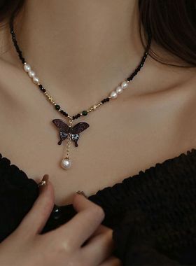 淡水珍珠蝴蝶吊坠串珠项链时尚小众设计感个性锁骨链网红个性颈链