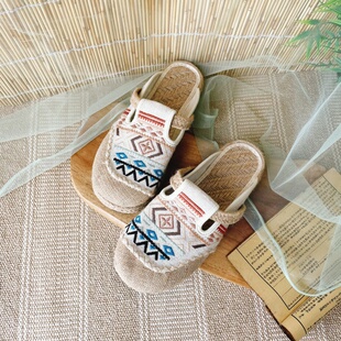 云南大理手工麻鞋女款夏季透亚麻一脚蹬透气包头半拖复古平底拖鞋