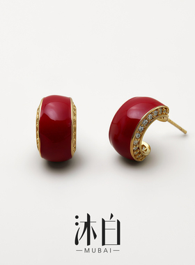 沐白MU中式珐琅925纯银滴釉珐琅彩红色耳饰2025新款爆款冬高级感