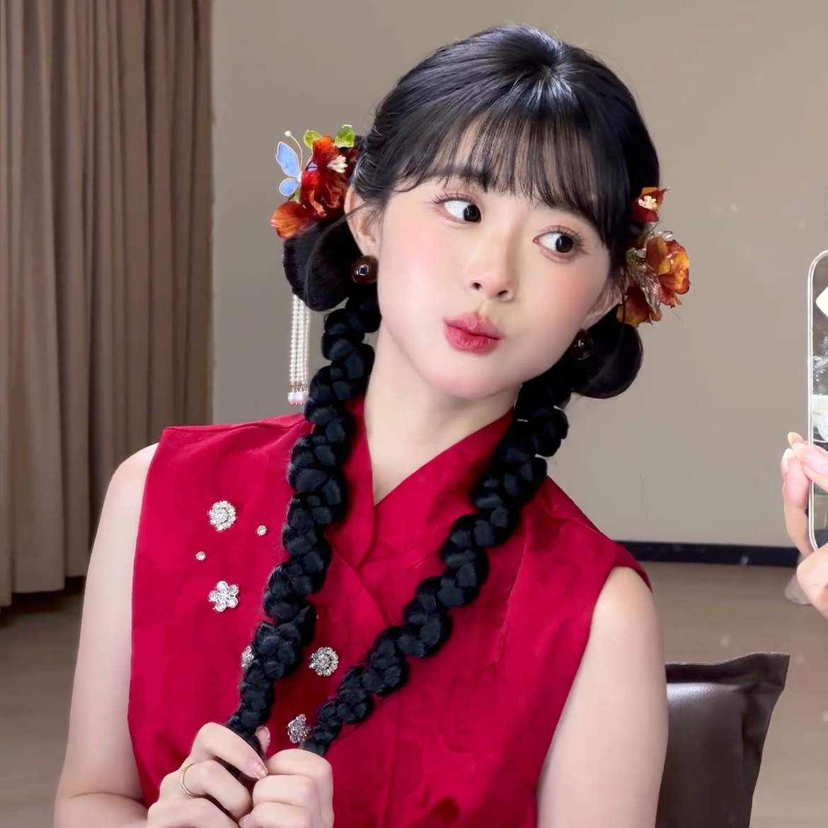 新中式橙色布艺花发夹