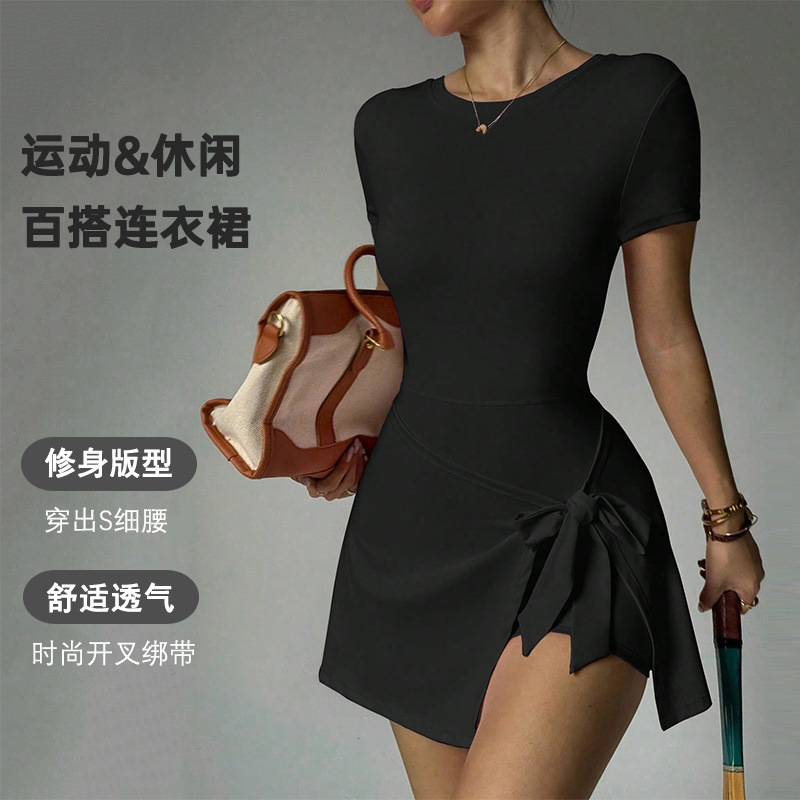 夏季短袖瑜伽连体衣服女士三分短裙舞蹈健身网球裙紧身运动连身裙