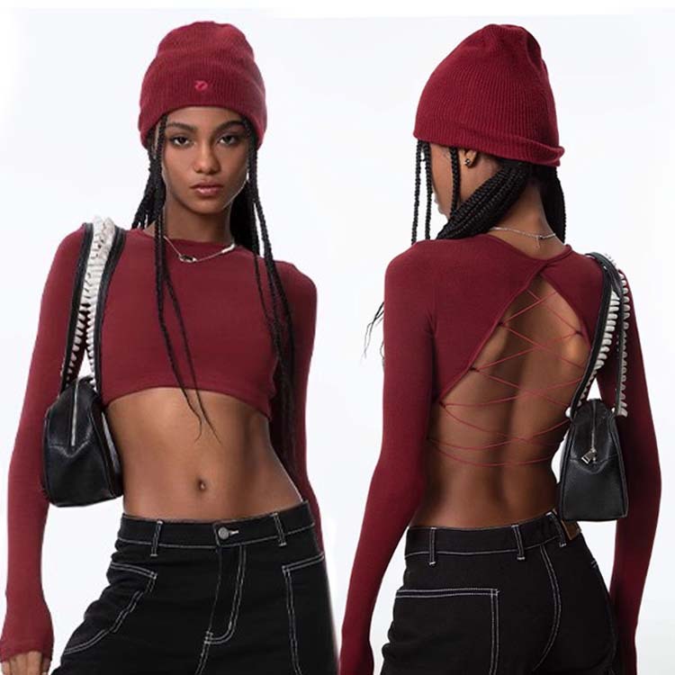 外贸短款长袖瑜伽服女士跑步训练性感美背织带户外健身舞蹈打底衫