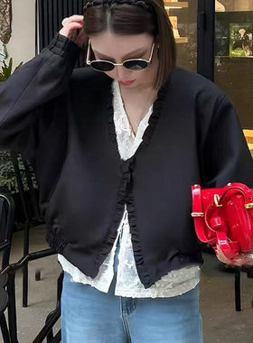 高级感木耳花边v领长袖短外套2025新款今年流行爆款女款外穿上衣