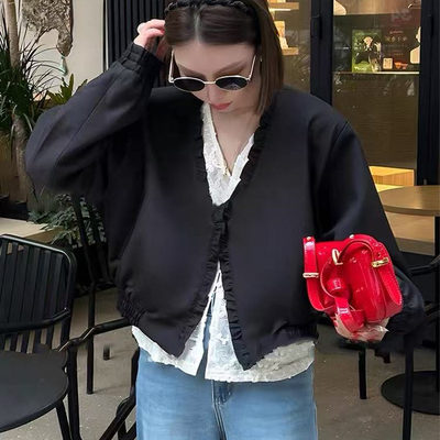 高级感木耳花边v领长袖短外套