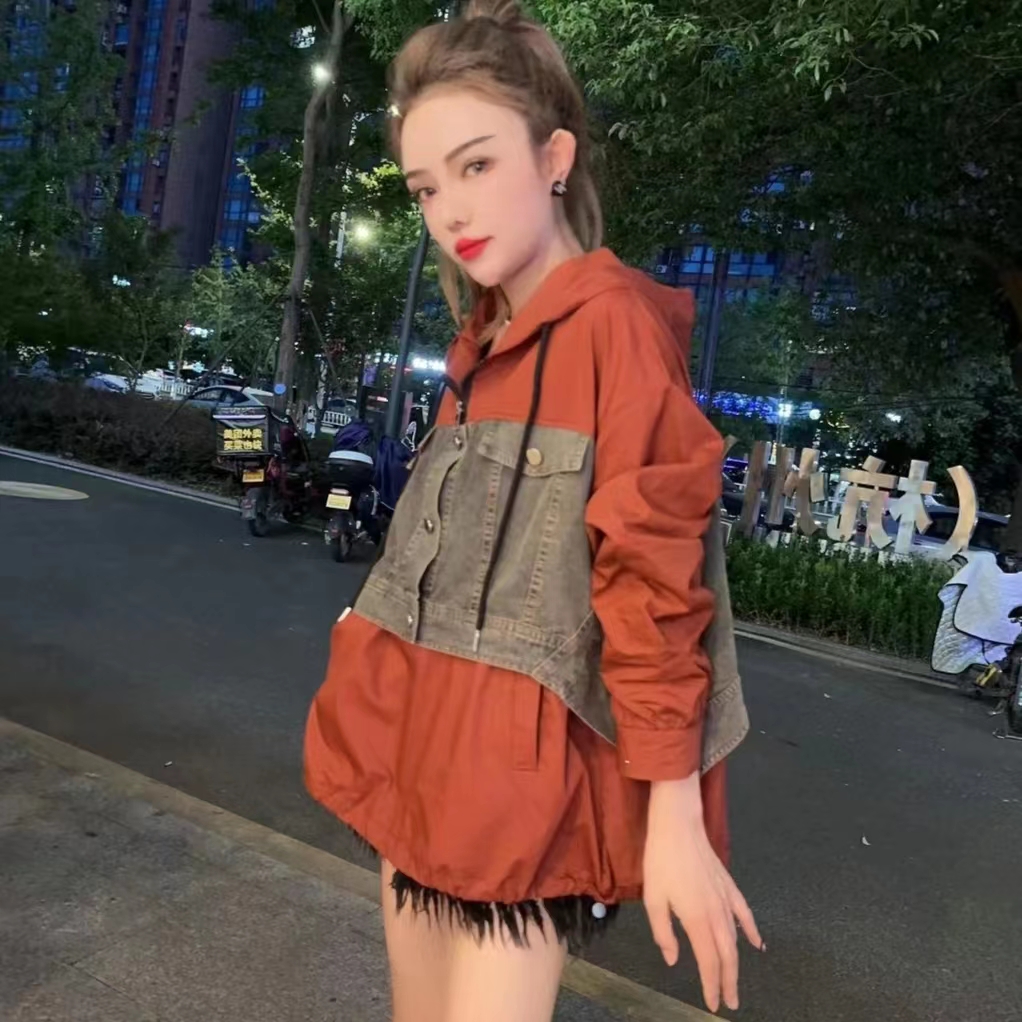 气质名媛时尚百搭2024春季新款宽松拼色连帽外套拼接牛仔休闲上衣