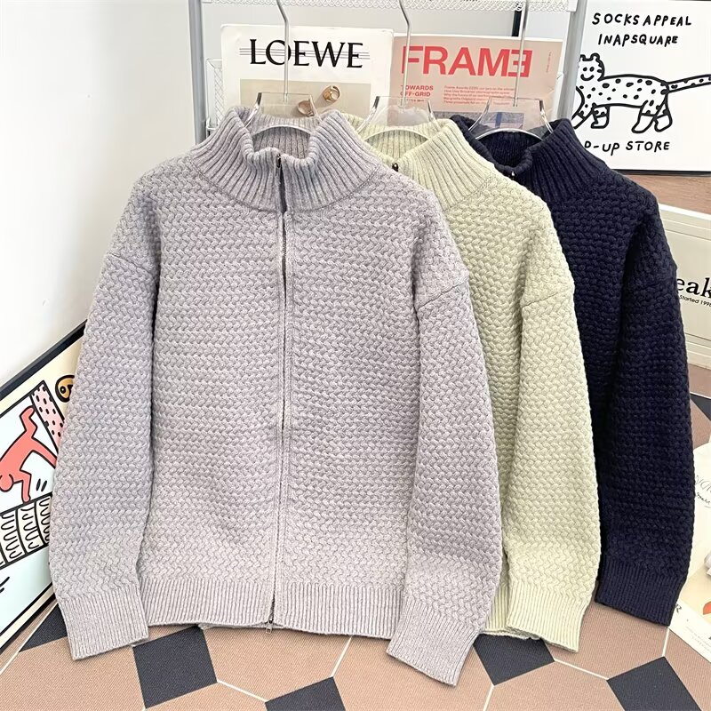 美式复古宽松立领双拉链开衫毛衣男女肌理外套情侣纯色休闲针织衫