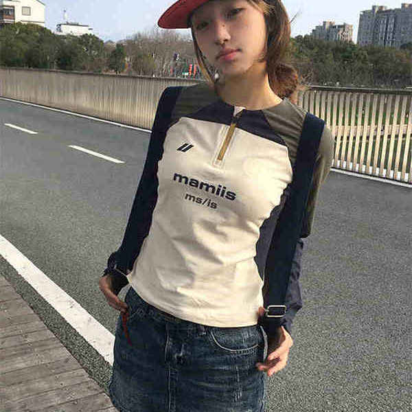 美式修身长袖t恤女春季个性设计插肩袖显瘦打底衫半拉链运动上衣