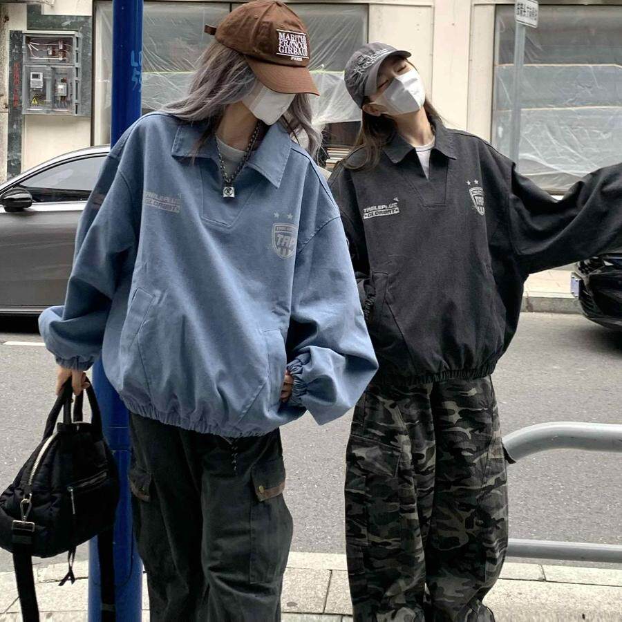 春季美式复古水洗做旧印花套头夹克女短宽翻领运动百搭情侣装上衣