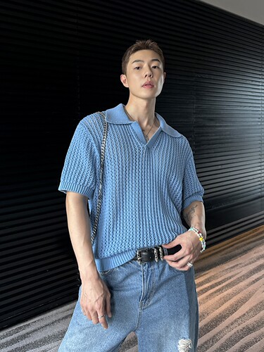 夏季清爽蓝色显白镂空针织衫男