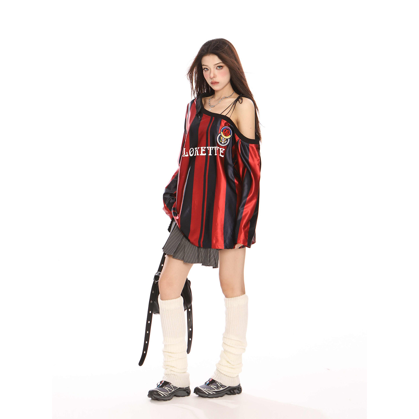 美式复古米兰球衣风女斜肩卫衣