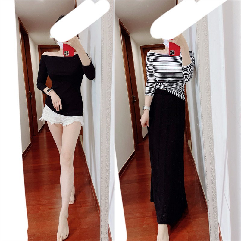 piper修身款一字肩船领七分袖T恤