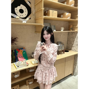 新款甜美少女粉色爱心波点拼接荷叶边雪纺上衣高腰短裙温柔两件套