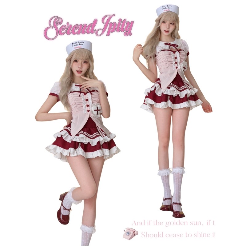 甜辣少女感学院风粉色doll系泡泡袖镂空上衣拼接蛋糕裙可爱两件套,女装/女士精品,时尚套装,淘宝优惠券,粉丝福利购,淘宝优惠卷