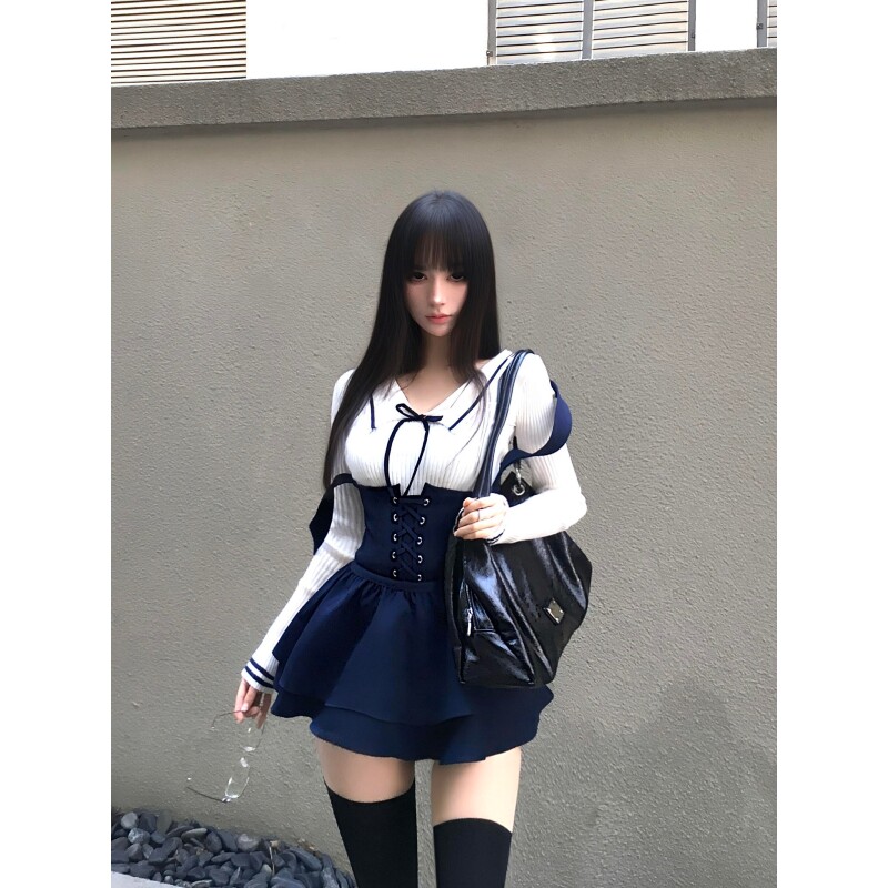 甜辣学院风chic性感辣妹风针织打底衣蓝色背带裙时尚气质两件套