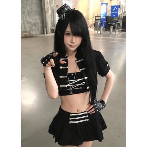美式甜酷古早辣妹风穿搭双排扣外套抹胸内搭搭配花苞裙时尚三件套