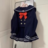 甜美蝴蝶结双排扣海军领上衣高腰百褶裙两件套 学院风套装 秋季 新款