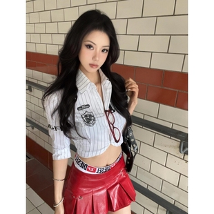 收腰衬衣设计感红色皮半身裙性感套装 辣妹风黑白条纹半袖 美式 夏季
