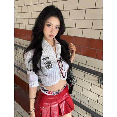 美式辣妹条纹半夜红色皮裙两件套